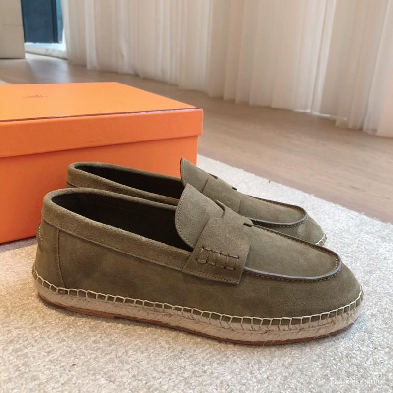 2025 Unisex Hermès Olive Suede Calfskin Loafers AS00380
