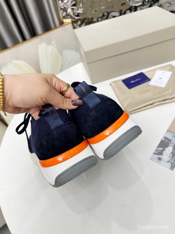 2025 Unisex Santoni Navy Orange Wool Knit Leather Sneakers AS00320