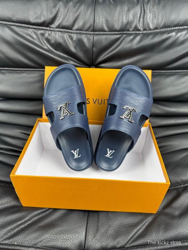 2025 Men Louis Vuitton Blue Leather Slippers AS00170
