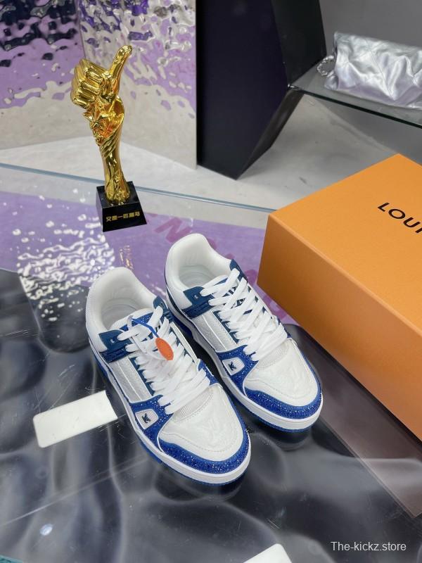 2025 Unisex Louis Vuitton Blue White Leather Plimsolls Handcrafted Beaded AS00400