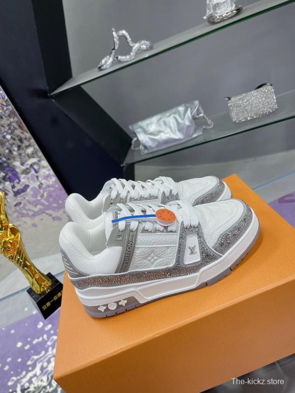 2025 Unisex Louis Vuitton White Silver Leather Fabric Plimsolls Handcrafted Crystals AS00400