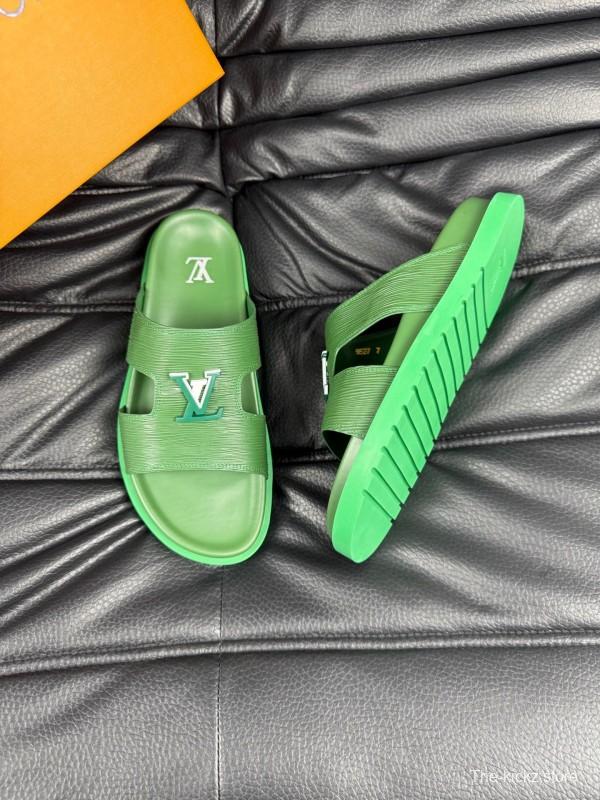 2025 Men Louis Vuitton Green Leather Slippers AS00170