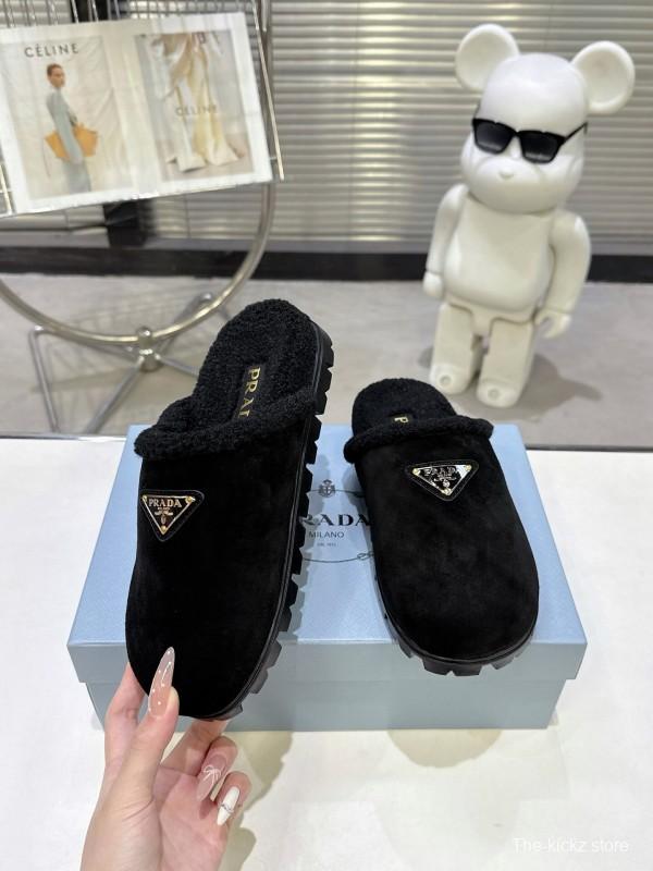 Prada 2025 Fall Winter New Fur Mule Slippers Triangle Buckle Bread Toe Half Slippers - KFY00270