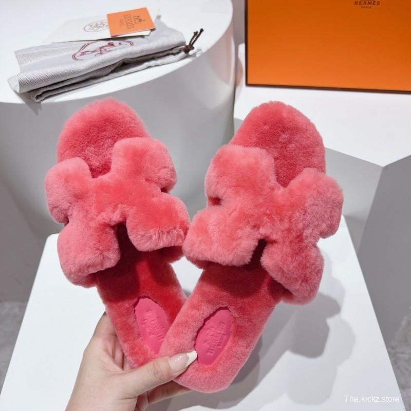 Hermès Teddy Wool H Slippers Flat Sole Fur Slides - LY00240