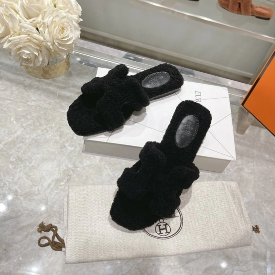 H Teddy Wool H Slippers Flat Sole Autumn Winter - LY00240