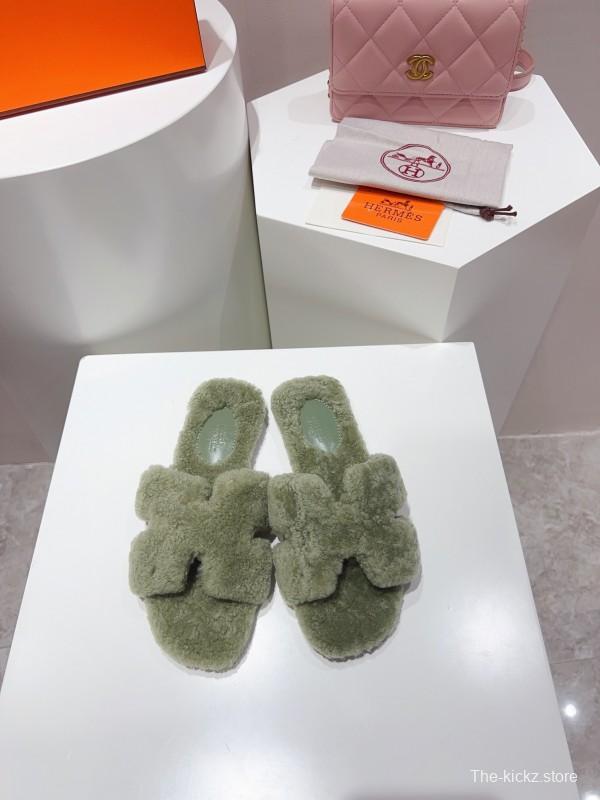 H Teddy Wool H Slippers Flat Sole Fur Slippers for Autumn Winter - LY00240