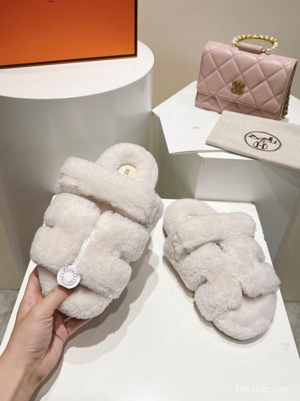 H Love Erjiu Full Wool Slippers with Slightly Curled Fur - LY00270
