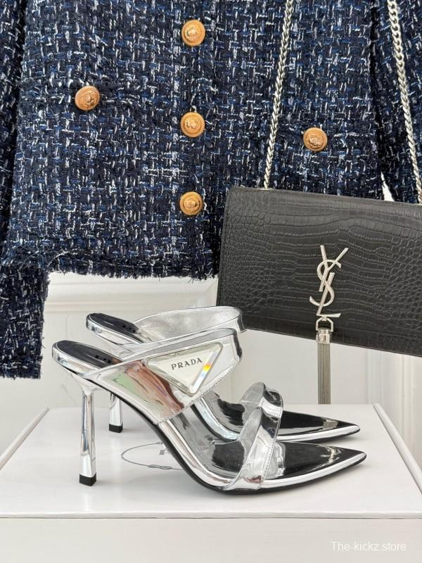 Prada Pointed Toe High Heel Sandals with Triangle Buckle - KFY00280